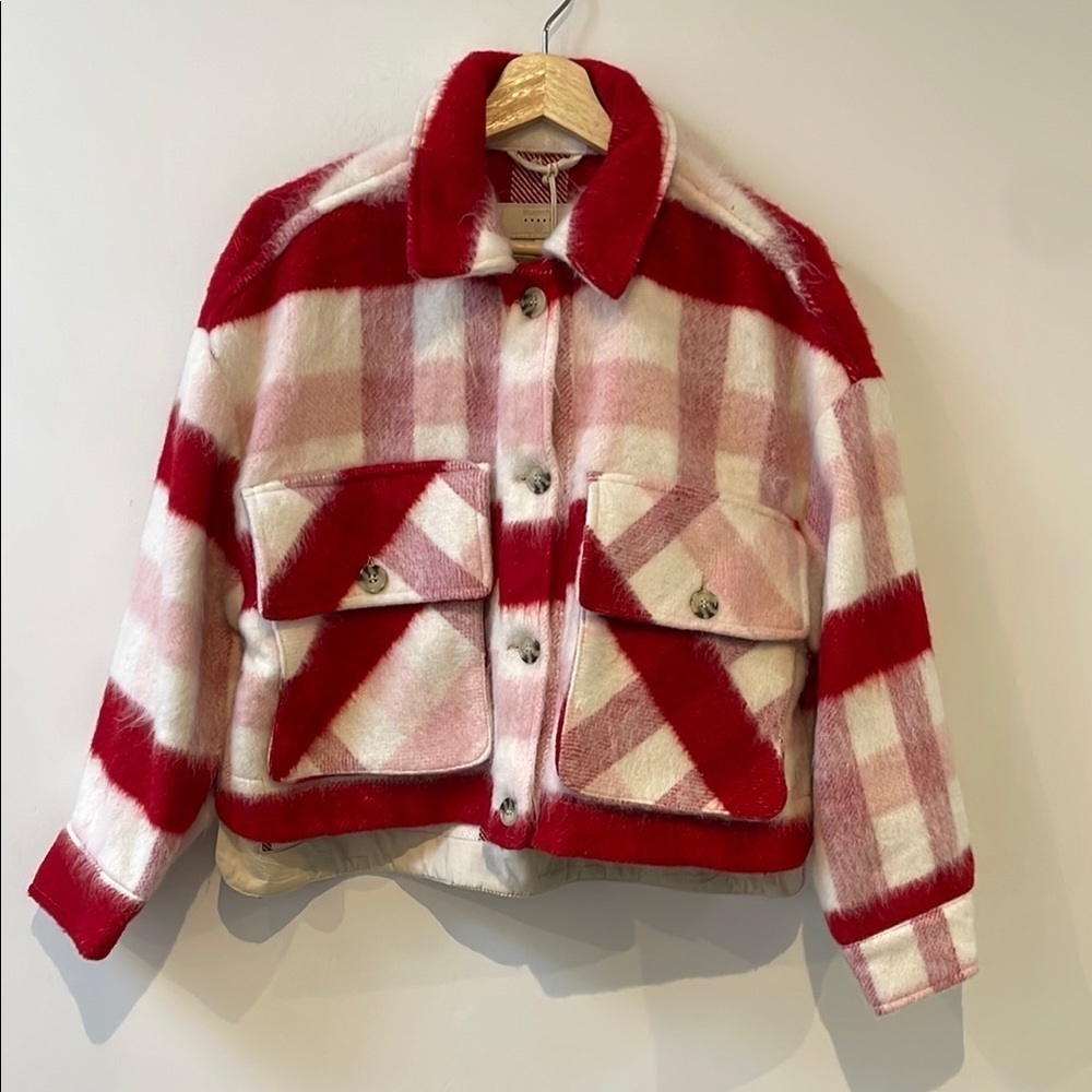Blank NYC Women's cropped shacket jacket XS Pink Red white plaid NWT